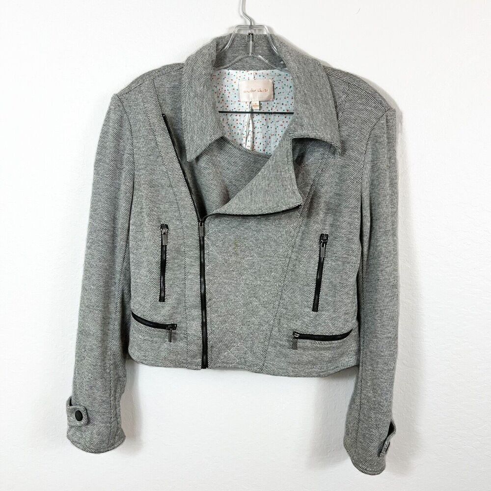 ANTHROPOLOGIE UNDER SKIES Grey Cropped Moto Style Jacket Size Medium